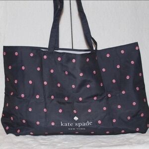 New XL Kate Spade Navy and Pink Dot Canvas Tote Shopper Beach Bag 22.5 Inch